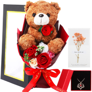 Rose Bouquet Gift with Bear Preserved Flowers 14 Inch Box with Rose Plush Bear Artificial Flower Necklace Greeting Card for Mother’S Day Wedding Anniversary Birthday Mom Girlfriend